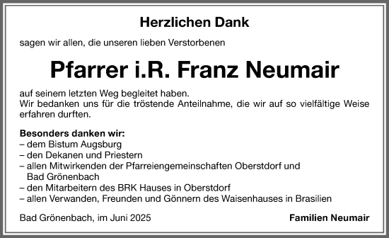 Traueranzeige von Franz Neumair von Memminger Zeitung