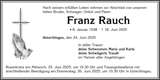 Traueranzeige von Franz Rauch von Allgäuer Zeitung, Marktoberdorf