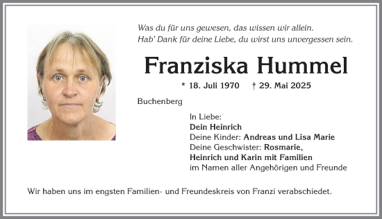 Traueranzeige von Franziska Hummel von Allgäuer Zeitung,Kempten