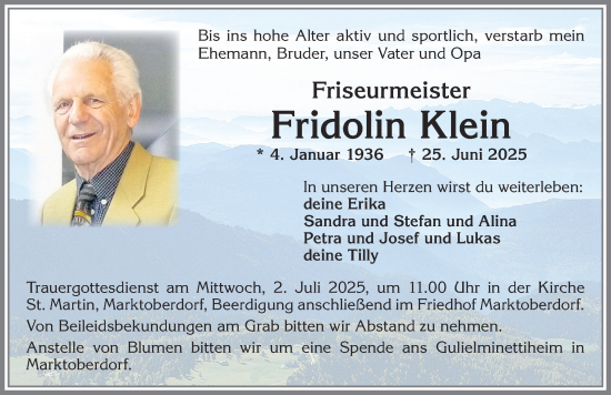 Traueranzeige von Fridolin Klein von Allgäuer Zeitung, Marktoberdorf