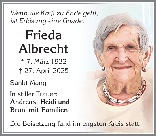 Traueranzeige von Frieda Albrecht von Allgäuer Zeitung,Kempten