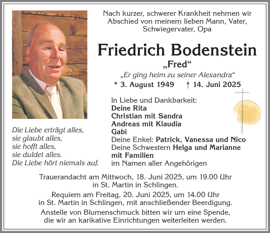 Traueranzeige von Friedrich Bodenstein von Mindelheimer Zeitung, Augsburger Allgemeine
