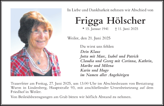 Traueranzeige von Frigga Hölscher von Der Westallgäuer