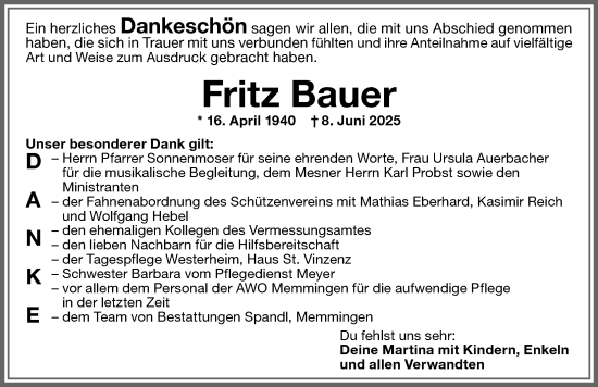 Traueranzeige von Fritz Bauer von Memminger Zeitung