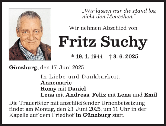 Traueranzeige von Fritz Suchy von Der Westallgäuer