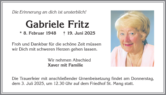 Traueranzeige von Gabriele Fritz von Allgäuer Zeitung,Kempten