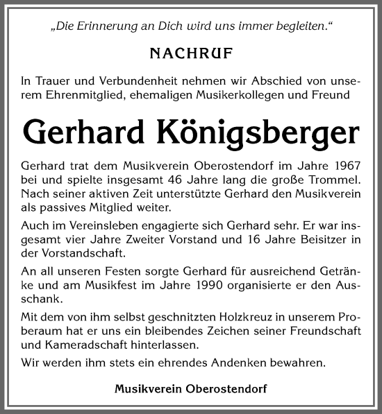 Traueranzeige von Gerhard Königsberger von Allgäuer Zeitung, Kaufbeuren/Buchloe