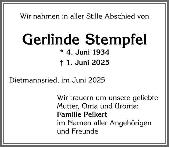 Traueranzeige von Gerlinde Stempfel von Allgäuer Zeitung,Kempten