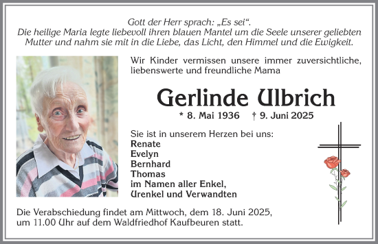 Traueranzeige von Gerlinde Ulbrich von Allgäuer Zeitung, Kaufbeuren/Buchloe