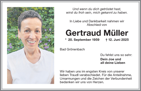 Traueranzeige von Gertraud Müller von Memminger Zeitung
