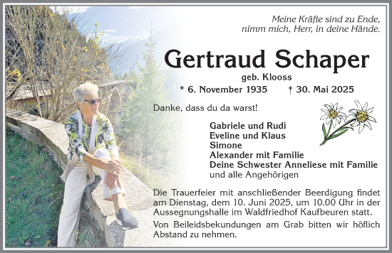Traueranzeige von Gertraud Schaper von Allgäuer Zeitung, Kaufbeuren/Buchloe