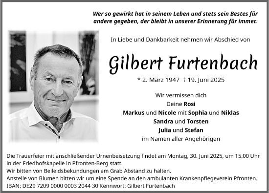 Traueranzeige von Gilbert Furtenbach von Allgäuer Zeitung, Füssen