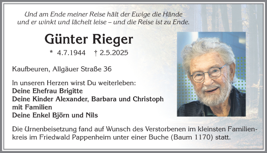 Traueranzeige von Günter Rieger von Allgäuer Zeitung, Kaufbeuren/Buchloe