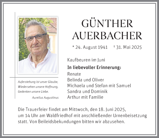 Traueranzeige von Günther Auerbacher von Allgäuer Zeitung, Kaufbeuren/Buchloe