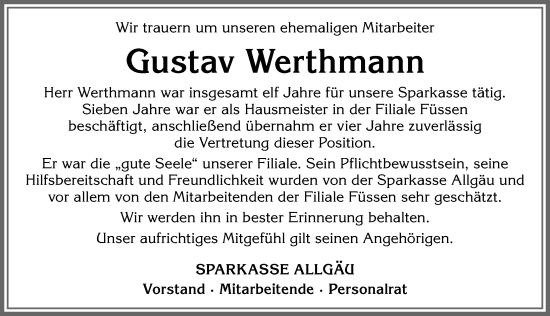 Traueranzeige von Gustav Werthmann von Allgäuer Zeitung, Füssen