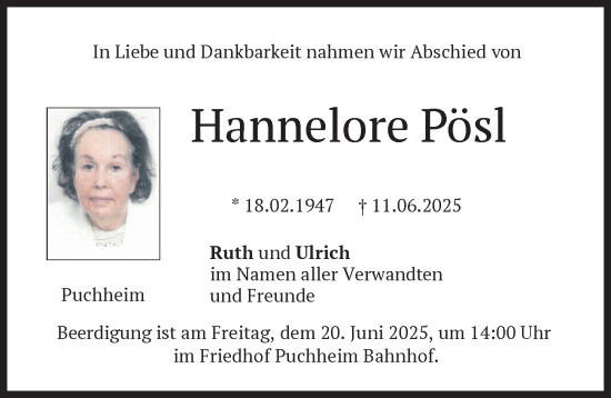 Traueranzeige von Hannelore Pösl von Memminger Zeitung