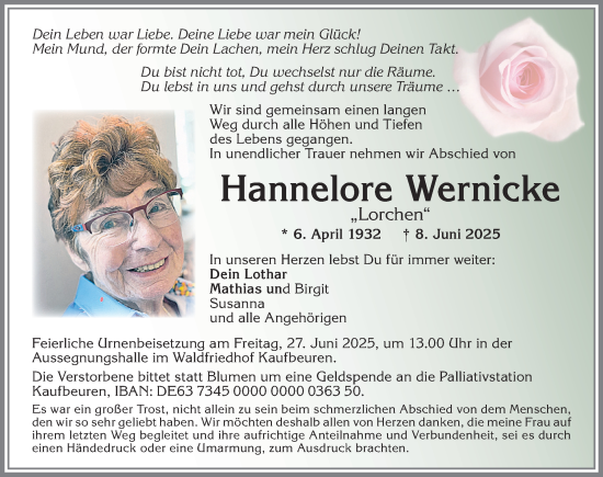 Traueranzeige von Hannelore Wernicke von Allgäuer Zeitung, Kaufbeuren/Buchloe
