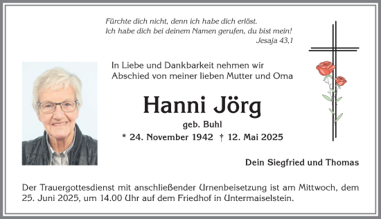 Traueranzeige von Hanni Jörg von Allgäuer Anzeigeblatt