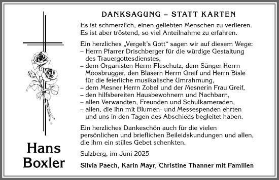 Traueranzeige von Hans Boxler von Allgäuer Zeitung,Kempten