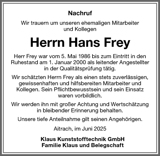 Traueranzeige von Hans Frey von Memminger Zeitung