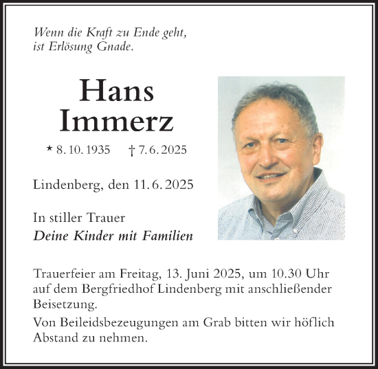 Traueranzeige von Hans Immerz von Der Westallgäuer