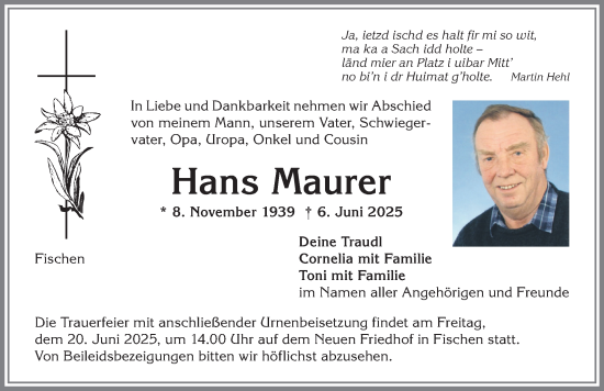 Traueranzeige von Hans Maurer von Allgäuer Anzeigeblatt