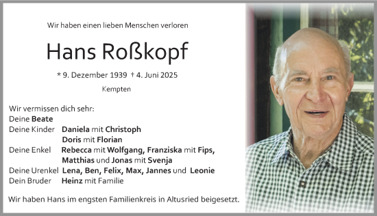 Traueranzeige von Hans Roßkopf von Allgäuer Zeitung,Kempten