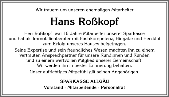 Traueranzeige von Hans Roßkopf von Allgäuer Anzeigeblatt