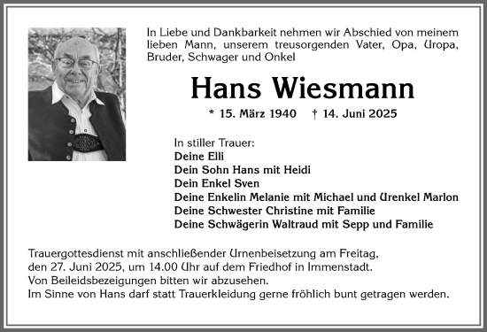 Traueranzeige von Hans Wiesmann von Allgäuer Anzeigeblatt