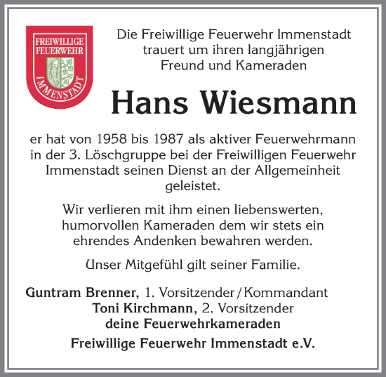 Traueranzeige von Hans Wiesmann von Allgäuer Anzeigeblatt