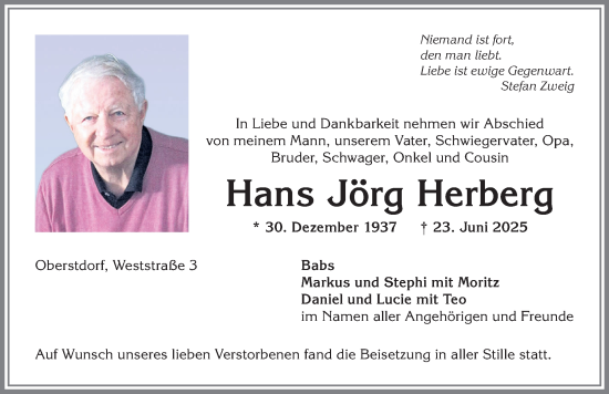 Traueranzeige von Hans Jörg Herberg von Allgäuer Anzeigeblatt