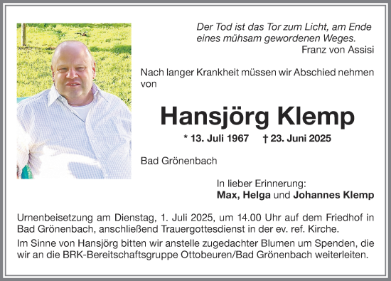 Traueranzeige von Hansjörg Klemp von Memminger Zeitung
