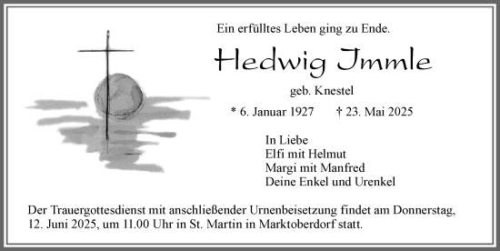 Traueranzeige von Hedwig Immle von Allgäuer Zeitung, Marktoberdorf