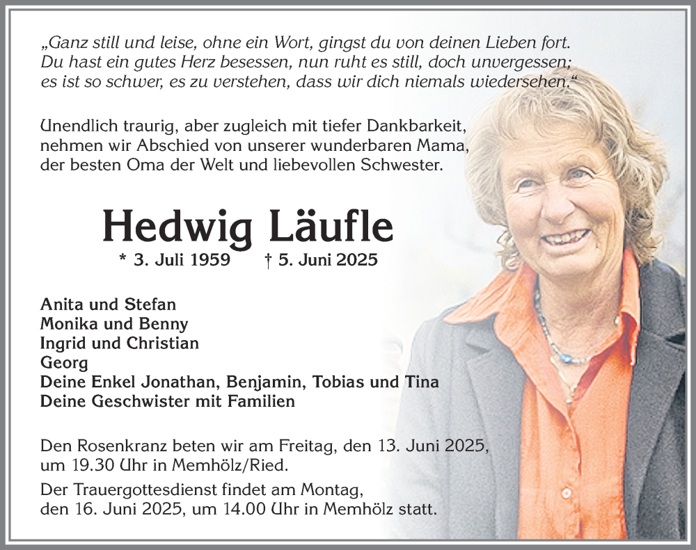  Traueranzeige für Hedwig Läufle vom 11.06.2025 aus Allgäuer Zeitung,Kempten