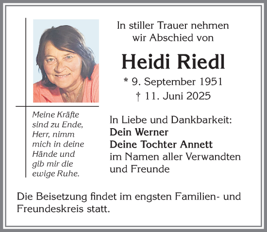 Traueranzeige von Heidi Riedl von Allgäuer Zeitung,Kempten
