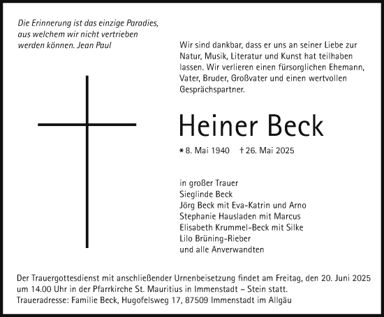 Traueranzeige von Heiner Beck von Allgäuer Anzeigeblatt