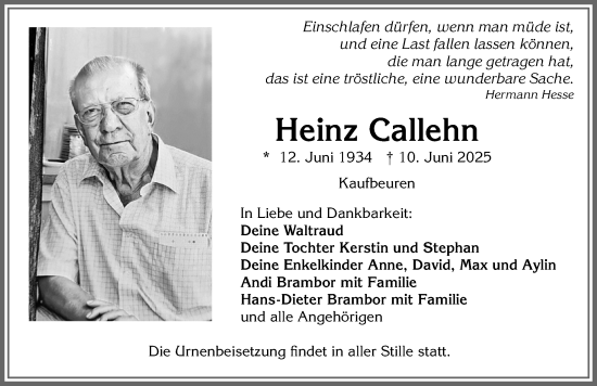 Traueranzeige von Heinz Callehn von Allgäuer Zeitung, Kaufbeuren/Buchloe