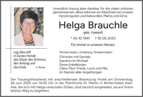 Traueranzeige von Helga Brauchle von Illertisser Zeitung, Augsburger Allgemeine