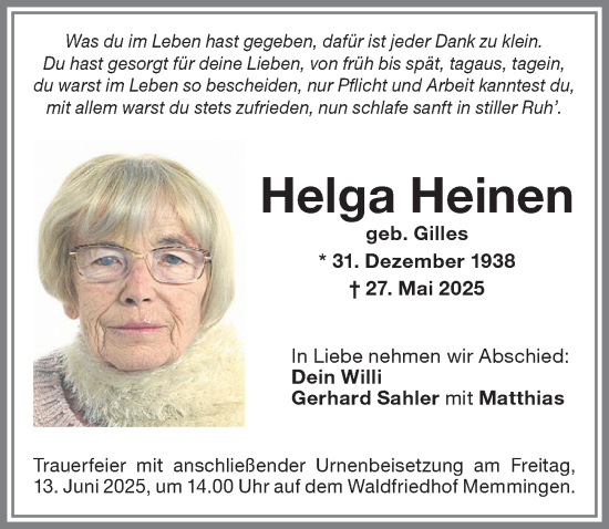 Traueranzeige von Helga Heinen von Memminger Zeitung