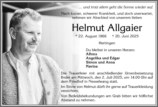 Traueranzeige von Helmut Allgaier von Allgäuer Zeitung, Füssen