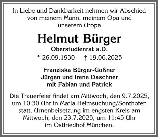 Traueranzeige von Helmut Bürger von Allgäuer Anzeigeblatt
