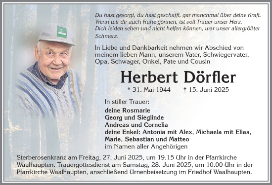 Traueranzeige von Herbert Dörfler von Allgäuer Zeitung, Kaufbeuren/Buchloe