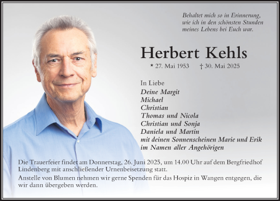 Traueranzeige von Herbert Kehls von Der Westallgäuer