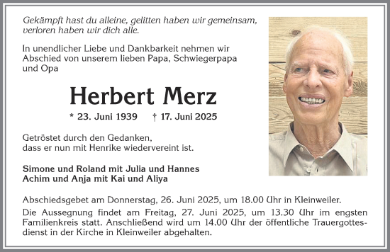 Traueranzeige von Herbert Merz von Allgäuer Zeitung,Kempten