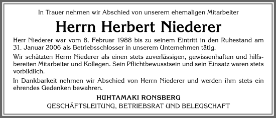 Traueranzeige von Herbert Niederer von Allgäuer Zeitung, Marktoberdorf