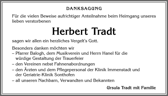 Traueranzeige von Herbert Tradt von Allgäuer Anzeigeblatt