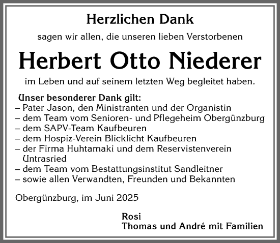 Traueranzeige von Herbert Otto Niederer von Allgäuer Zeitung, Marktoberdorf