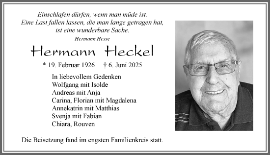 Traueranzeige von Hermann Heckel von Allgäuer Zeitung, Marktoberdorf