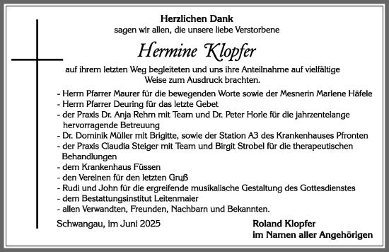 Traueranzeige von Hermine Klopfer von Allgäuer Zeitung, Füssen