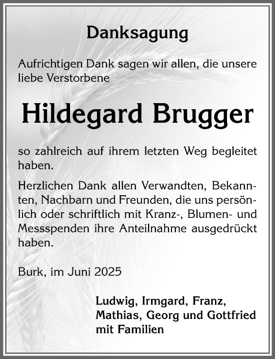 Traueranzeige von Hildegard Brugger von Allgäuer Zeitung, Marktoberdorf